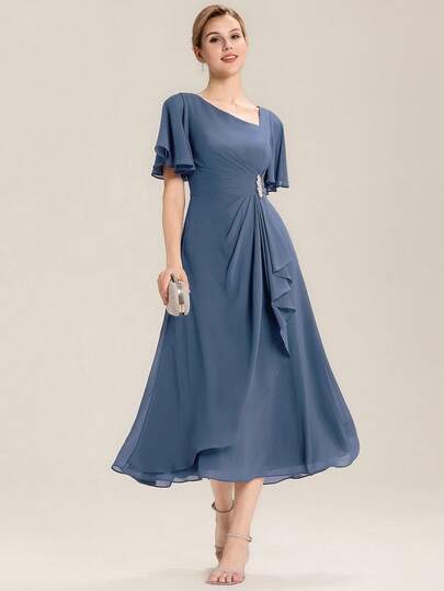 EVERPRETTY Summer Elegant Chiffon Dusty Blue Bridesmaid Dress Diamond Bead Embellishments Wedding Guest Dress Soft Ruffled Irregular Ruffled Dress Suitable For Wedding Formal Dinners Occasions
