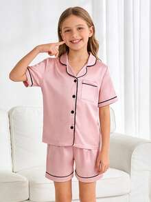 Conjunto de pijama de verano para niñas preadolescentes con camisa de botones de manga corta y pantalones cortos de color bloque - Multicolor - Ver 7
