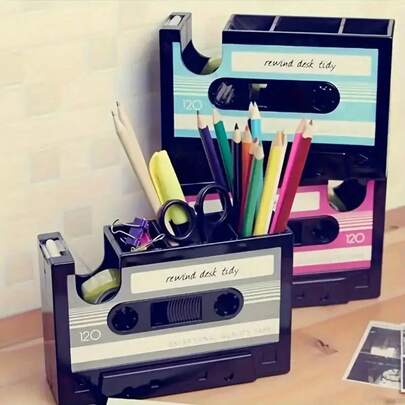 1pc Multifunctional Pen Holder, Creative Retro Cassette Tape Shaped Desk Organizer