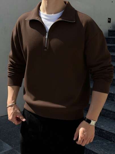 1 pieza Sudadera de manga larga con cuello de media cremallera, unicolor, ligera para hombre