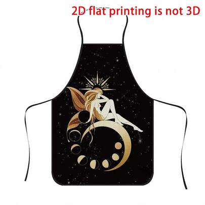 1pc Star & Moon Fairy Gold Foil Print Apron, Polyester Material, Suitable For Cooking, Grilling, Gardening, Painting, Manicure, Unisex, Indoor & Outdoor Use