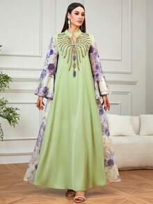 Áo Kaftan dài tay cổ chữ V bằng vải hoa thêu hoa cầu kỳ, đính cườm, dành cho nữ, kiểu dáng Trung Đông, hàng mới về, thích hợp mặc đi dự tiệc và mặc hàng ngày ở Dubai & Thổ Nhĩ Kỳ, tay áo loe. - Màu xanh chanh - Xem 4