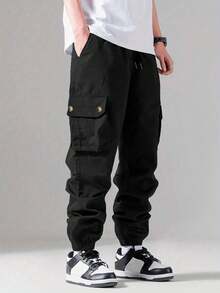 Shendy Vendy Pantalones Jogger Con Puños Y Cintura Elástica Con Cordón Y Bolsillos Inclinados Sueltos Para Hombre - Negro - Ver 4