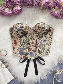 New Strapless Corset Top, Women's Jungle Print Bustier With Steel Boning, Waist Cincher Design - Apricot - View 11
