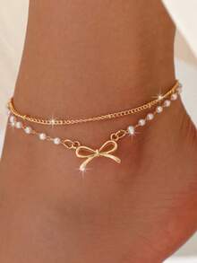 A Single Piece Of Double-Layer Iron Chain Pendant, Faux Pearl, Handmade Chain Anklet, A Double-Layer Thin Faux Pearl Chain Anklet With A Bow, Sexy And Elegant, Perfect For Vacation And Everyday Wear - Multicolor - View 1