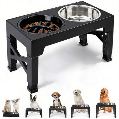 Adjustable Height Pet Dog Feeder Stand With Dual Stainless Steel Food & Water Bowls, Suitable For Small/Medium/Large Dogs