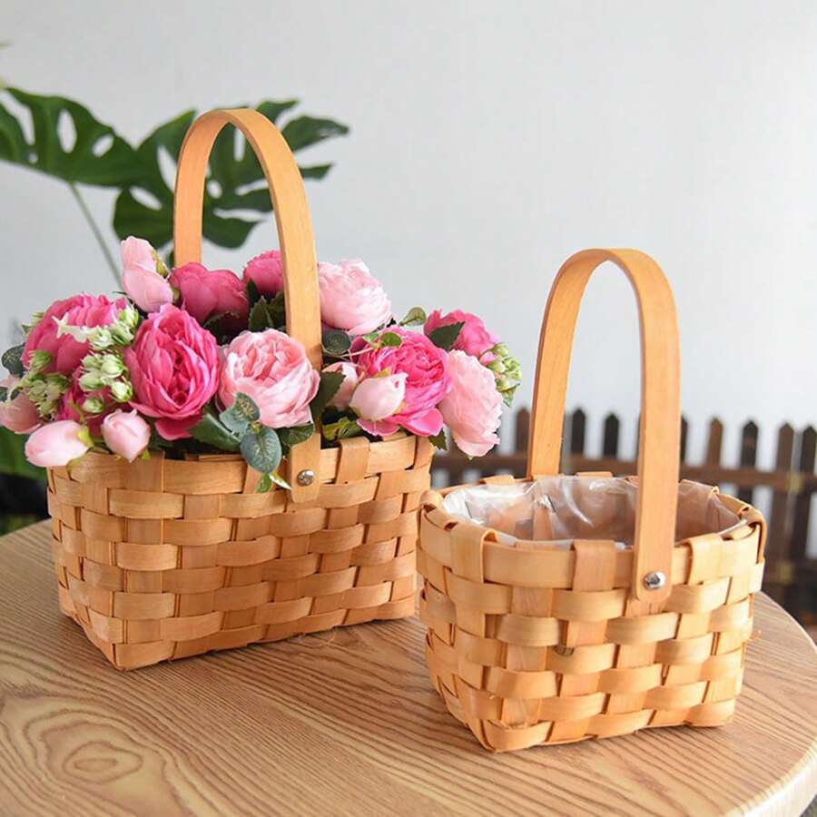 Giỏ hoa đan tay bằng rơm tự nhiên, trang trí đựng đồ dùng trong nhà, đám cưới, phong cách mộc mạc. - Nhiều màu - Xem 1