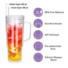 20Pack 40Oz Acrylic Snowglobe Tumbler With Handle, Double Wall Acrylic Clear Cup With Pre-Drilled Hole And Plug, Equipped With A Straw And Lid, Reusable Clear Plastic Travel Tumbler For Glitter Snow Globe DIY - 無色 - 查看 4