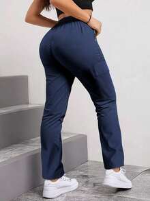 Women's Spring/Autumn Zipper Pocket Cargo Pants, Fashionable Large Pocket Design, Drawstring Elastic Waist, Casual Outdoor/Daily Wear Slim Fit Trousers - 藍色 - 查看 3