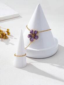 1pc Elegant Metal Pleated Flower Finger Chain, Suitable For Parties And Various Occasions - Purple - View 4
