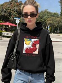 Disney Women's Hooded Sweatshirt Features A Disney Princess Ariel Cartoon Lettering Print Autumn/Winter Hooded Sweatshirt Soft, Comfortable, And Warm Fabric Essential Autumn/Winter Wardrobe Piece Perfect For Everyday Casual Wear, Travel, Or Shopping Also Makes An Ideal Gift - 黑色 - 查看 1