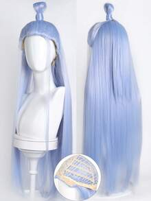长直蓝/白假发，马尾辫造型，合成纤维材质，适合动漫角色扮演、万圣节、角色扮演派对等场合，单件装 - 彩色 - 查看 3