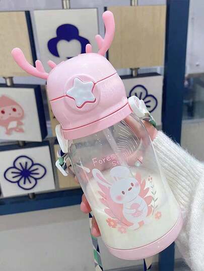 1pc Deer Antler Shaped Kids Bounce Straw Water Bottle, Cute Cartoon Travel Sports Outdoor Water Cup With Strap, School Supplies