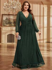 Vestido de noche formal de manga farol con escote en V profundo, elegante y de talla grande, vestido de dama de honor verde para invitados de boda de primavera/verano - Verde Oscuro - Ver 9