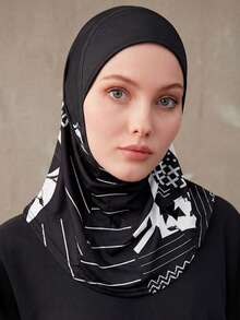 几何印花头巾，运动内衬，女士即戴即用头巾 - 黑色幾何 - 查看 2