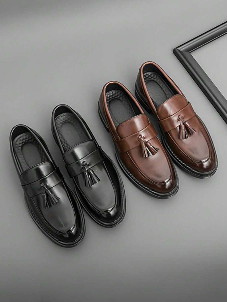 Men's Fashion Tassel Platform Loafers Comfortable Wide Round Toe Slip On Lug Sole Low Block Heel Business Dress Shoes Non-Slip Work Office Casual Shoes - 棕色 - 查看 1
