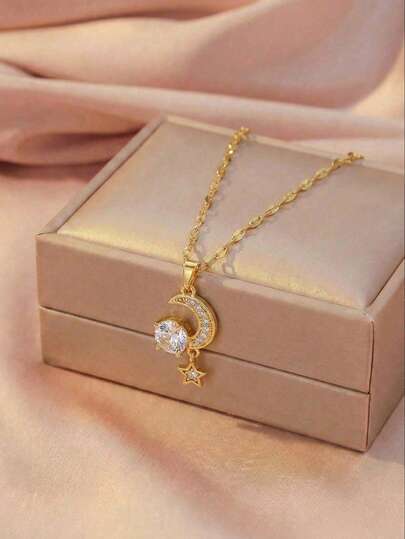 1pc Fashionable Popular Five-Pointed Star & Moon Pendant Copper & Zirconia Necklace For Kids Exquisite Street Party Banquet Holiday Jewelry Gift For Daily Decoration