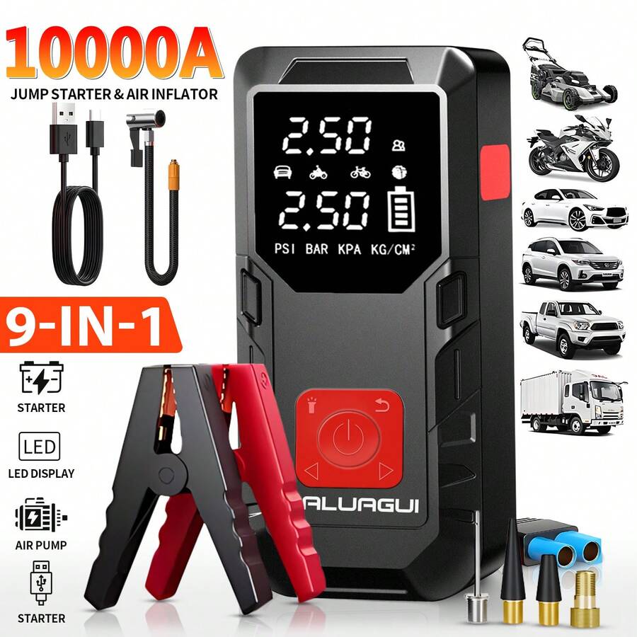 Batería de emergencia portátil para coche de 10000A, batería de gran capacidad, 150Psi, doble protección de , doble función ligera, iluminación y inflado rápido, regalo preferido para Oferta por el Día de San Valentín, esencial para viajes al aire camping
