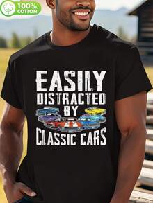 Fácilmente Disturbado por los Coches Clásicos - Camiseta de Cuello Redondo 100% Algodón con Gráfico de Coche Vintage Colorido. Casual; Cómodo para todas las estaciones. Ropa casual para exteriores; Camiseta con estampado de coche vintage; Tela de algodón - Negro - Ver 1