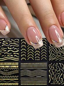 30pcs Bronzing Curved Lines Flowers Nail Sticker Golden Retro Geometry Star Characters Design Charm Decals Manicure Foils Nails Nail Stickers - Gold - View 4