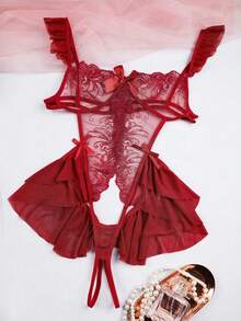 Lingerie Hot Open Lace Seduction Jumpsuit Bodysuit - Màu Đỏ Sâu - Xem 7