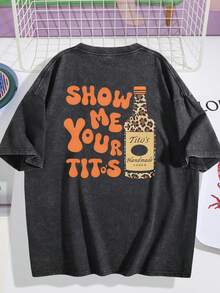 Vintage Washed Cotton Crew Neck T-Shirt For Men | "Show Me Your Tito's" Leopard Print Vodka Graphic Tee | Oversized Retro Short Sleeve Top | Funny Drinking Party Shirt | Comfortable Casual Streetwear  Summer    Regular Fit    None    Halloween - Black - View 3