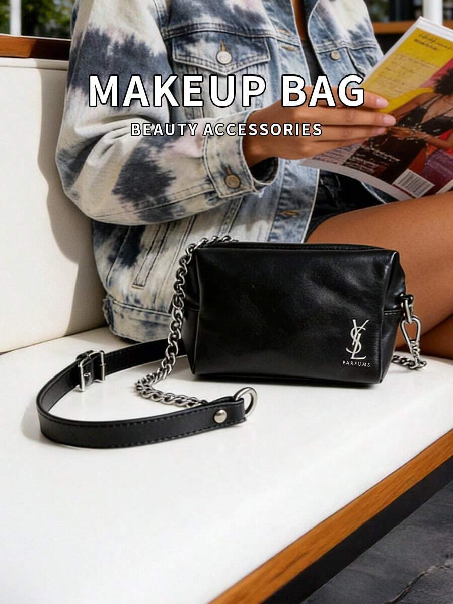 Black Square Chain Bag, Classic Logo Design, DIY Handmade Transformation, Retro High-End Underarm/Shoulder Bag, Luxury Women Handbag - Black - View 1