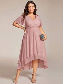 EVERPRETTY Plus Size Elegant Chiffon V-Neck Ruched Front Bridesmaid Dress, Soft High-Low Ruffle Hem Pink Formal Gown Suitable For Wedding Guests, Formal Dinner - Dusty Pink - View 6