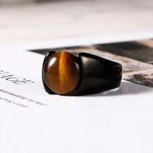 1枚不褪色虎眼石戒指，欧美新款黑色镀层不锈钢奢华戒指，男士配饰，节日礼物 - 黑色 - 查看 6