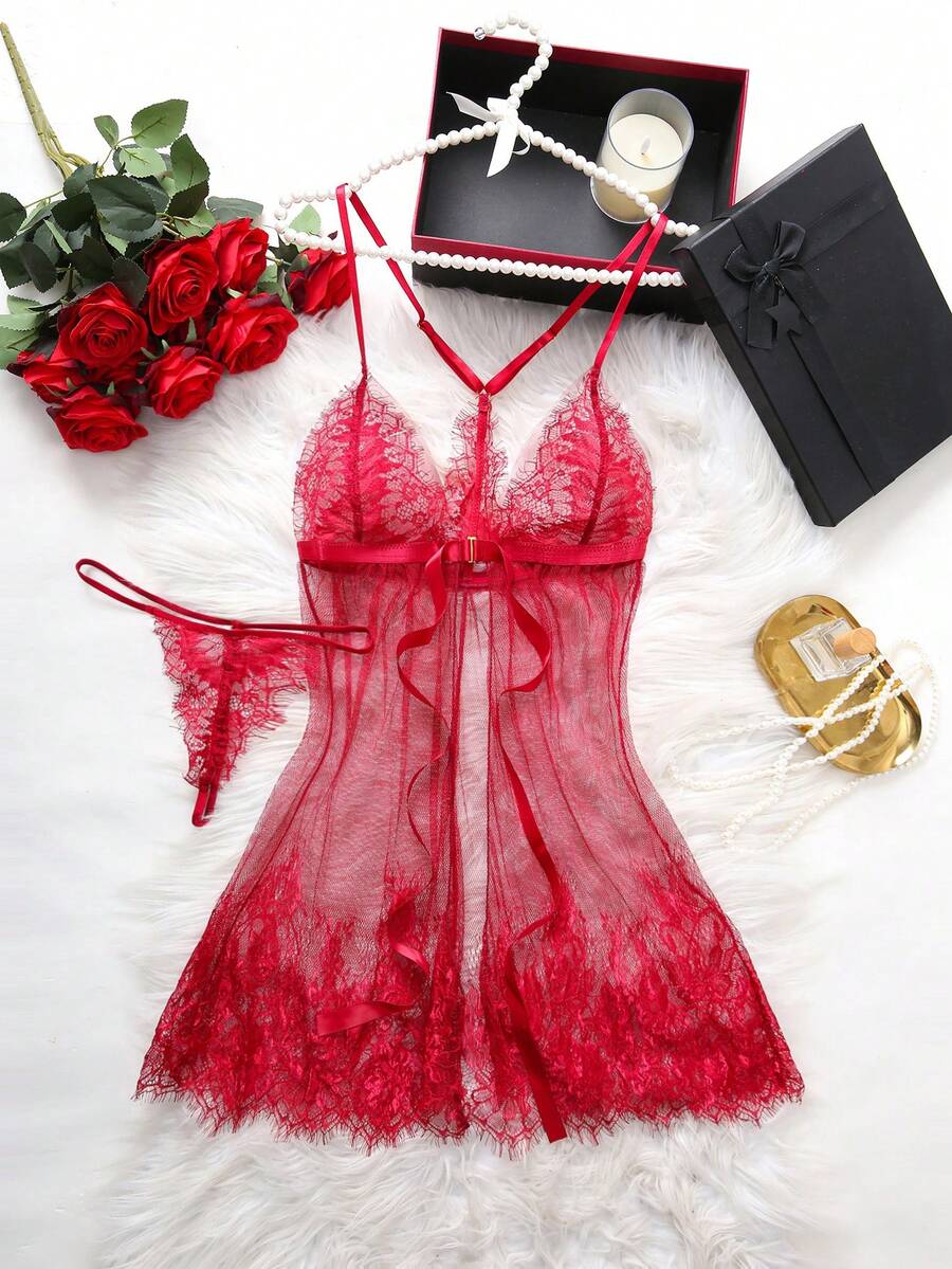 Women's Sexy Lingerie Nightgown Set, Alluring Strapless Lace Print Sheer Backless Nightgown Ladies Sexy Robe Set - Red - View 1