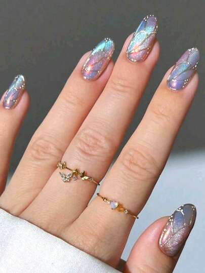 24pcs Y2K Style Nail Stickers, Medium Almond Cat Eye Press-On Nails, Colorful French Glossy Full Cover Fake Nails, Elegant Butterfly Artificial Nails, Suitable For Women & Girls, Comes With Nail File & Gel Nail Supplies