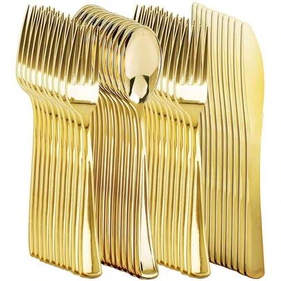 50/25/12/7pcs Gold Cutlery Set; Knife, Fork, Spoon, Cake Fork, Dessert Spoon, Salad Knife & Fork, Pasta Fork & Spoon, Reusable And Washable, Premium Tableware, Suitable For: Birthday, Wedding, Party, Family Gathering, Team Building, Outdoor BBQ, Camping, Banquet, School Supplies, Graduation Ceremony, Holiday Party And More Occasions (Full Cutlery Set, Full Kitchen Cutlery Set, Cutlery, Gold Cutlery)