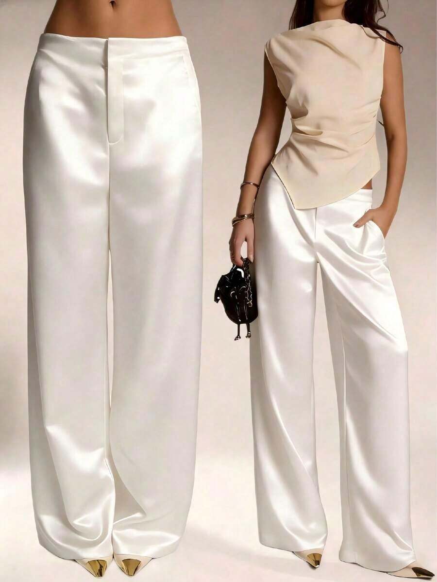 Women's Satin Silk Solid Color Pants With Pockets And Zipper, Suitable For Vacation, Office, Brunch, Airport , All Seasons - 白色 - 查看 1