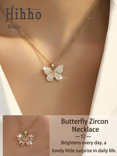 1pc Sweet Girl Dual-Tone Butterfly Fully Paved Zirconia Pendant Necklace, Unique Design Choker Necklace, Versatile For Daily, Work, Date, Gift For Girlfriend, Best Friend