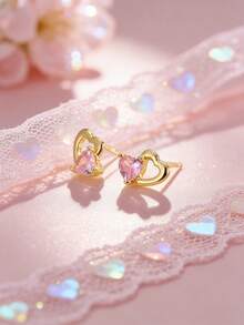 Artepollo 1 Pair Cute Heart Shaped Earrings, Inlaid With Pink Zirconia, Suitable For Parties, Banquets, Birthdays, Vacations And Daily Wear, Great Gift For Friends And Family - one-size - View 5