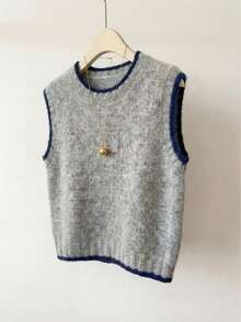 Áo tank top dệt kim viền gân phối màu tương phản mới cho nữ mùa Xuân/Hè 2026, thiết kế cổ tròn, tối giản, thời trang thường ngày. - Xám - Xem 3