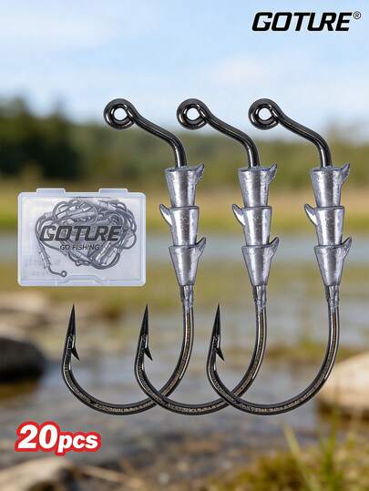 GOTURE 20pcs Obstacle Avoidance Crank Hook, Quadruple Anti Detachment Design, Blood Groove Hook Tip, Folding Handle Design, Lead Insertion Anti Hanging Bottom Fish Hook