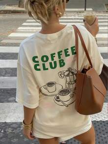 Summer New Simple Fashion Hand-Painted Moka Pot Coffee Utensil Letter Print Casual Round Neck Short Sleeve T-Shirt, Fashionable & Versatile Women Top - Apricot - View 3