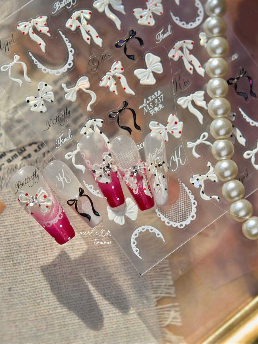 1pc Black And White Bow Tie Polka Dot Lace Semi-Circular Yarn Bow Tie Ribbon Exquisite DIY Paste Nail Art Stickers Nail Stickers - Multicolor - View 1