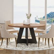 FINMIND 7 Inch Round Dining Table Wood Kitchen Table For Dining Room, 47" Dinner Room Tables For 4-6, Farmhouse Accent Furniture With Wooden Tabletop And Cross Base - Brown & Black - View 6