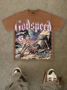 Vintage Washed Cotton 230g Printed T-Shirt, Skeleton Astronaut Godspeed "CHILLIN BEYOND THE STARS" Theme, Distressed Washed Craft, Streetwear Cotton Tee, Holiday Gift - Cà phê nâu - Xem 1