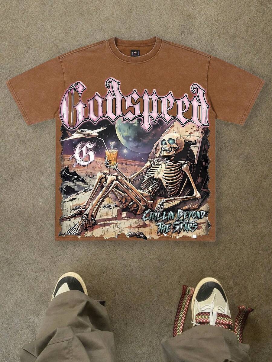 Vintage Washed Cotton 230g Printed T-Shirt, Skeleton Astronaut Godspeed "CHILLIN BEYOND THE STARS" Theme, Distressed Washed Craft, Streetwear Cotton Tee, Holiday Gift - Cà phê nâu - Xem 1