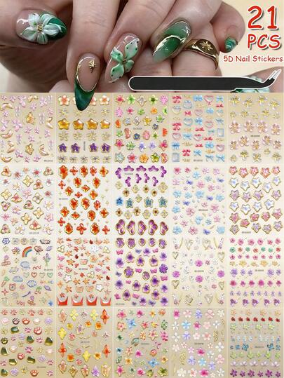 【21片装】5D粉色花瓣美甲贴纸，带镊子 - 21张优雅花朵金色边缘线条几何图案美甲贴纸，适用于情人节、婚礼、新年、圣帕特里克节 - 法式蝴蝶结和可爱宠物脚印美甲用品，适合DIY春夏美甲装饰。自粘式美甲贴纸
