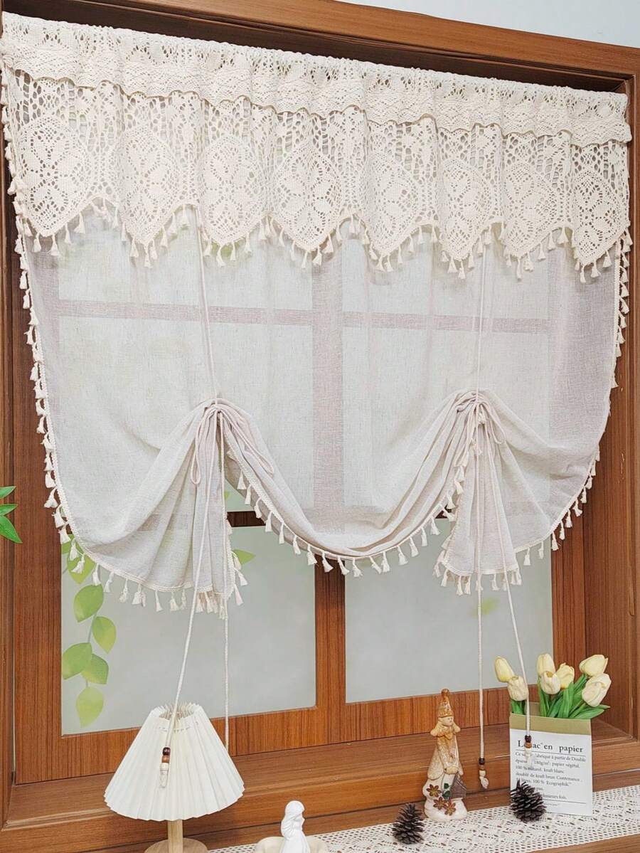 1pc Bohemian Style Floral Crochet Tie-Up Linen Curtain - Elegant Floral Pattern, Bohemian Tassel Decor, Bohemian Tie-Up Roman Shade Design, Suitable For All Seasons, Vintage Farmhouse Style Tie-Up Sheer Curtain For Living Room, Kitchen, Bathroom Window Decor - Beige - View 1
