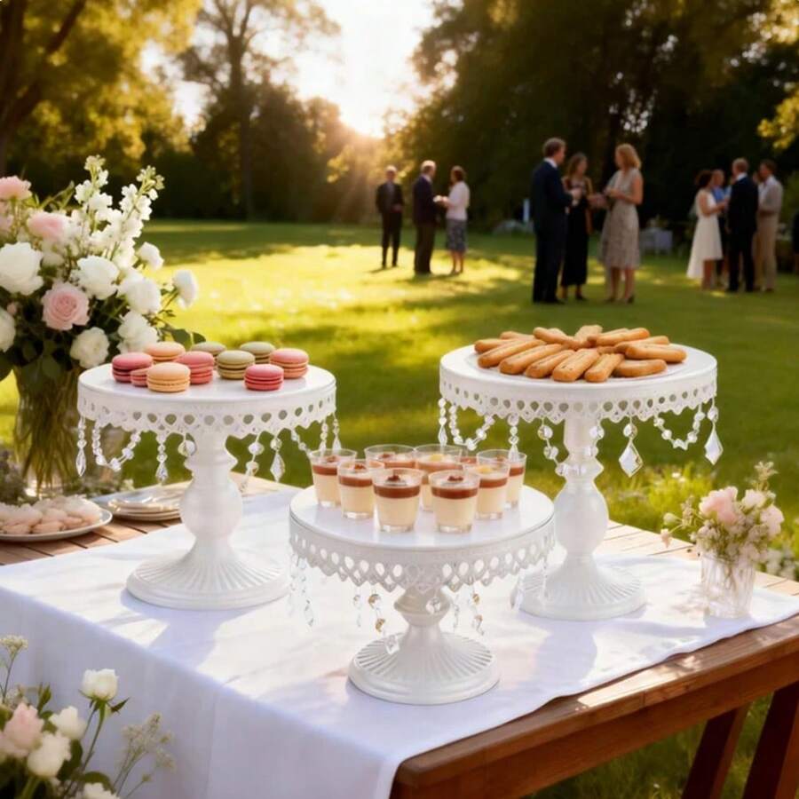 3Pcs Antique Cake Stand Set - Round Metal Cupcake Stands With Pendants And Beads - Elegant Dessert Display, For For Wedding, Birthday Party Decor, Gold/ White/Pink - trắng - Xem 1