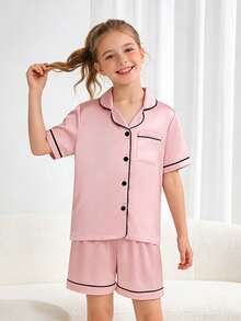 Conjunto de pijama de verano para niñas preadolescentes con camisa de botones de manga corta y pantalones cortos de color bloque - Multicolor - Ver 6