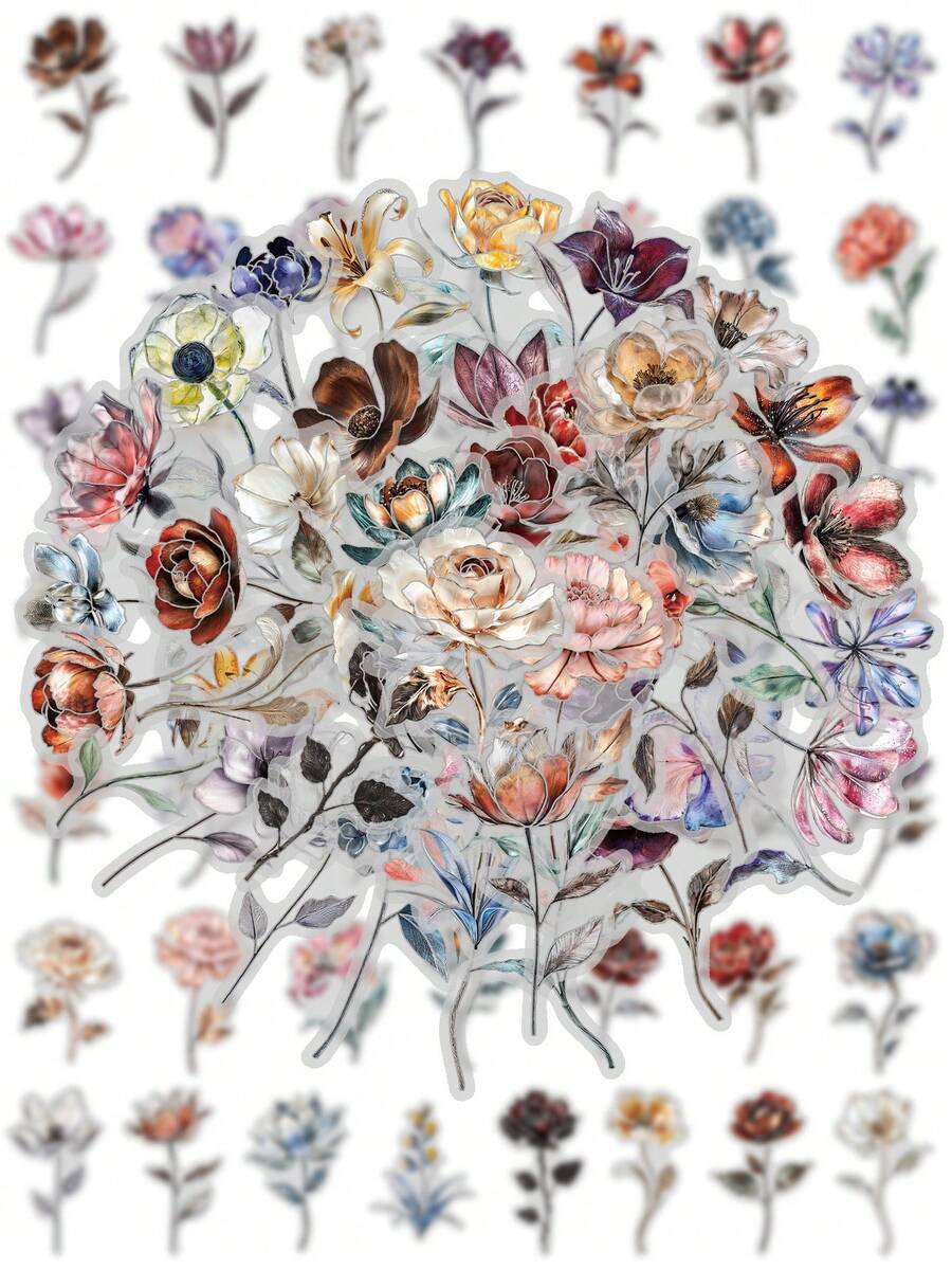 50PCS Silver Gilding Technique Stickers Aesthetic Silver Flowers Transparent PET Decals Crapbooking Laptop Phone Skateboard Guitar Luggage Notebook Helmet Gift Vinyl Waterproof Stickers Supplies Journal - 1 Set - View 1