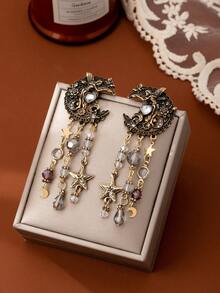 一对复古优雅的月亮女神设计耳环，饰有星星/珍珠流苏，迷人的小众高端耳环，适合女性日常佩戴或节日场合。 - 彩色 - 查看 3