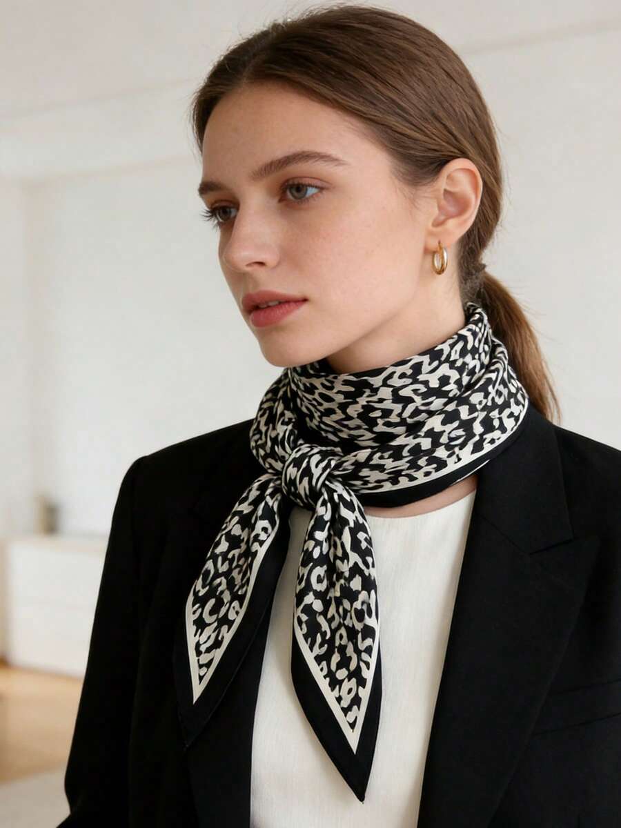 1 pieza Pañuelo triangular con estampado de leopardo minimalista y elegante, adecuado para uso diario, oficina y vacaciones - Blanco - Ver 1