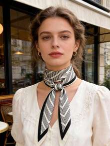 1条时尚简约条纹百搭三角围巾，适合日常、办公和度假穿着 - 黑色 - 查看 3